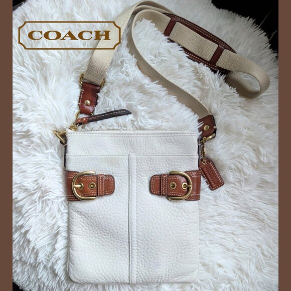 Coach Vintage Double Buckle Crossbody Bag Pebbled Leather Chalk White & Cognac - Picture 1 of 13